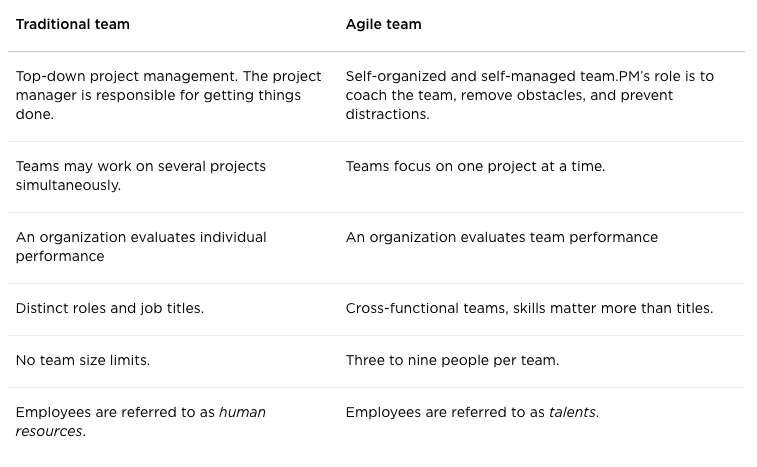 Tradiional Team vs Agile Team
